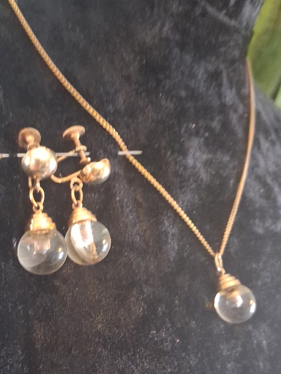 Vintage Jewelry - Vintage Gold and Clear Glass Orb Necklace with Matching Earrings